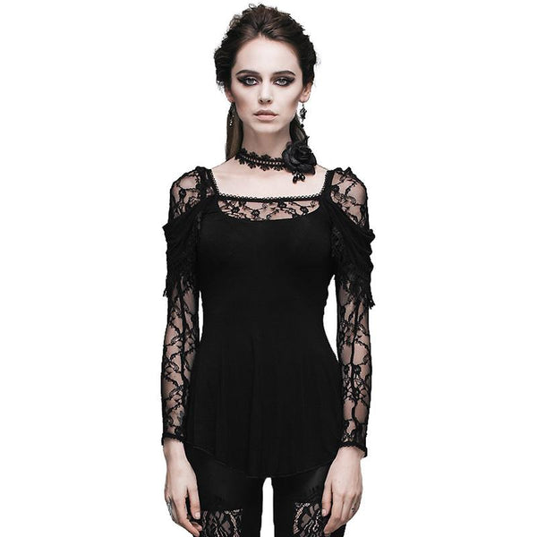 Gothic Lace Splicing Female Top / Sexy Steampunk Hollow Out Deep V-Neck Tops