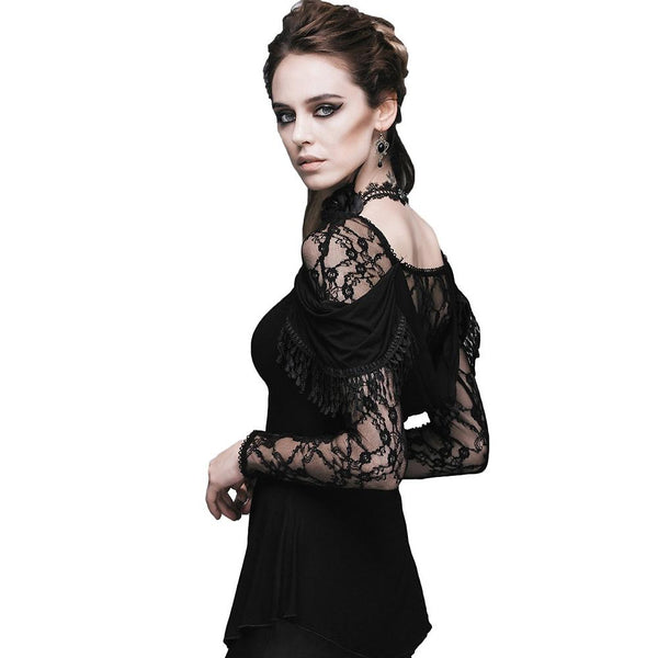 Gothic Lace Splicing Female Top / Sexy Steampunk Hollow Out Deep V-Neck Tops