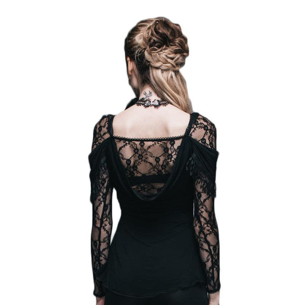 Gothic Lace Splicing Female Top / Sexy Steampunk Hollow Out Deep V-Neck Tops