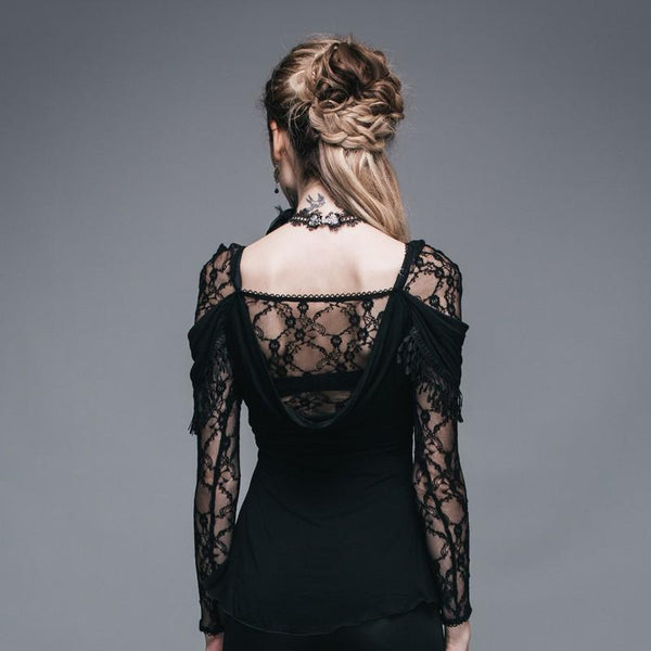 Gothic Lace Splicing Female Top / Sexy Steampunk Hollow Out Deep V-Neck Tops