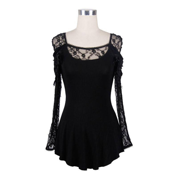 Gothic Lace Splicing Female Top / Sexy Steampunk Hollow Out Deep V-Neck Tops