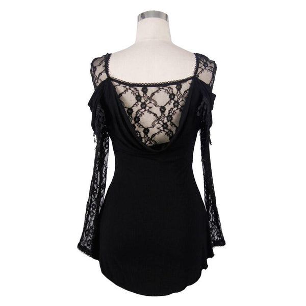 Gothic Lace Splicing Female Top / Sexy Steampunk Hollow Out Deep V-Neck Tops