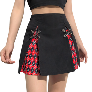 Gothic Style Plaid A-Line Skirt / Sexy High Waist Black Mini Skirt with Decorative Pins