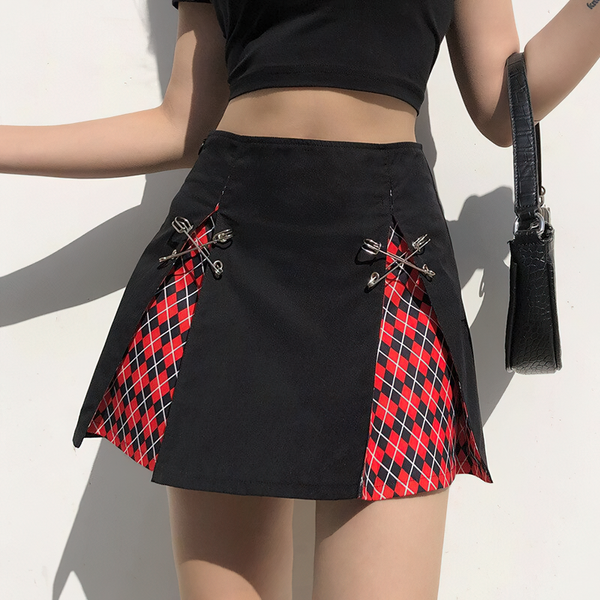 Gothic Style Plaid A-Line Skirt / Sexy High Waist Black Mini Skirt with Decorative Pins