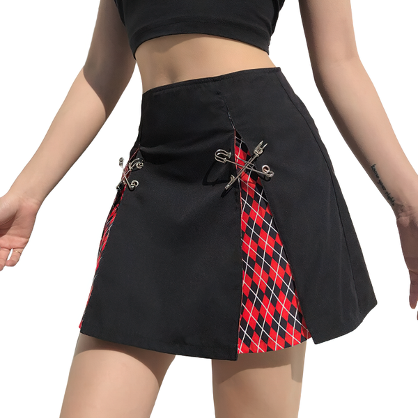 Gothic Style Plaid A-Line Skirt / Sexy High Waist Black Mini Skirt with Decorative Pins