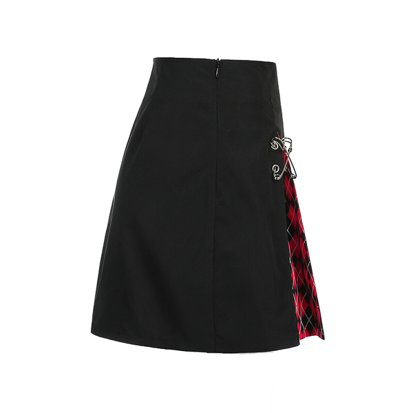 Gothic Style Plaid A-Line Skirt / Sexy High Waist Black Mini Skirt with Decorative Pins