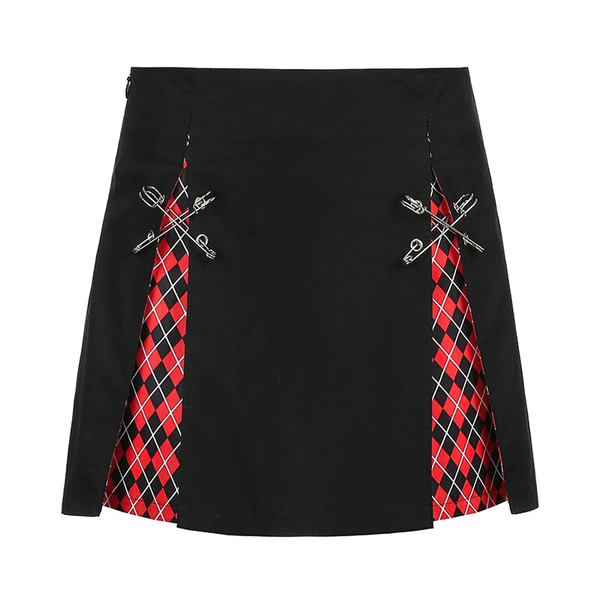 Gothic Style Plaid A-Line Skirt / Sexy High Waist Black Mini Skirt with Decorative Pins