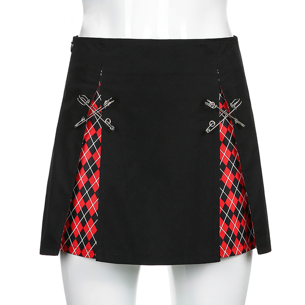 Gothic Style Plaid A-Line Skirt / Sexy High Waist Black Mini Skirt with Decorative Pins