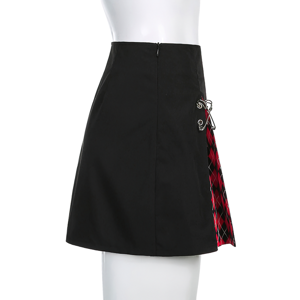 Gothic Style Plaid A-Line Skirt / Sexy High Waist Black Mini Skirt with Decorative Pins