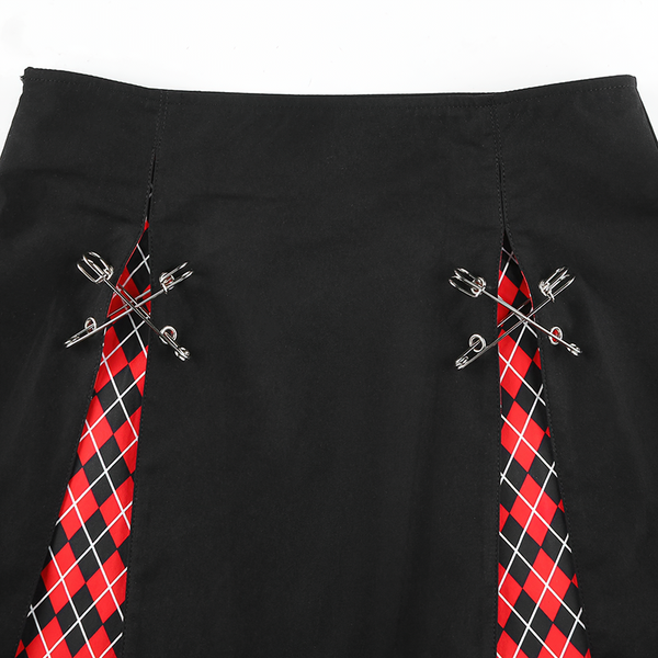 Gothic Style Plaid A-Line Skirt / Sexy High Waist Black Mini Skirt with Decorative Pins