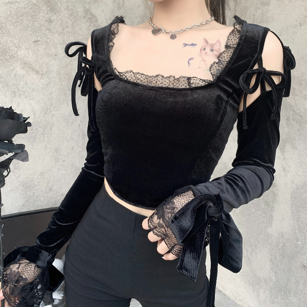 Gothic Velvet Black Women's Top / Romantic Patchwork Bandage Open Shoulder Crop Tee Top