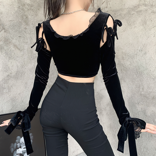 Gothic Velvet Black Women's Top / Romantic Patchwork Bandage Open Shoulder Crop Tee Top