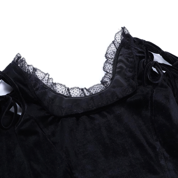 Gothic Velvet Black Women's Top / Romantic Patchwork Bandage Open Shoulder Crop Tee Top