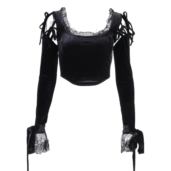 Gothic Velvet Black Women's Top / Romantic Patchwork Bandage Open Shoulder Crop Tee Top