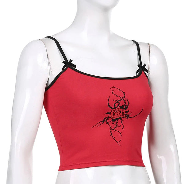 Grunge Red Crop Top for Women / Gothic Style Summer Backless Top with Rose Printed