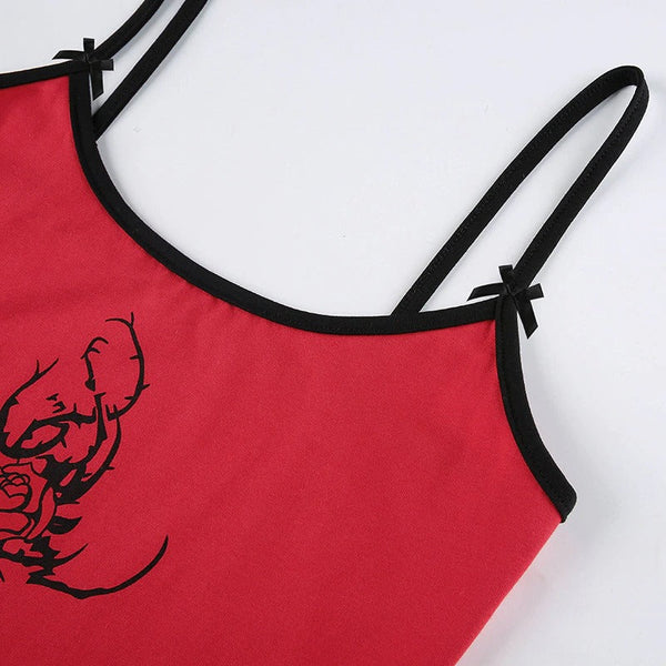 Grunge Red Crop Top for Women / Gothic Style Summer Backless Top with Rose Printed