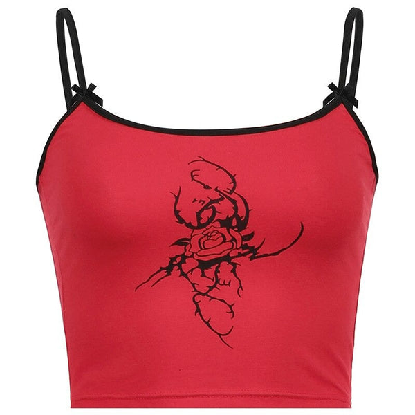 Grunge Red Crop Top for Women / Gothic Style Summer Backless Top with Rose Printed