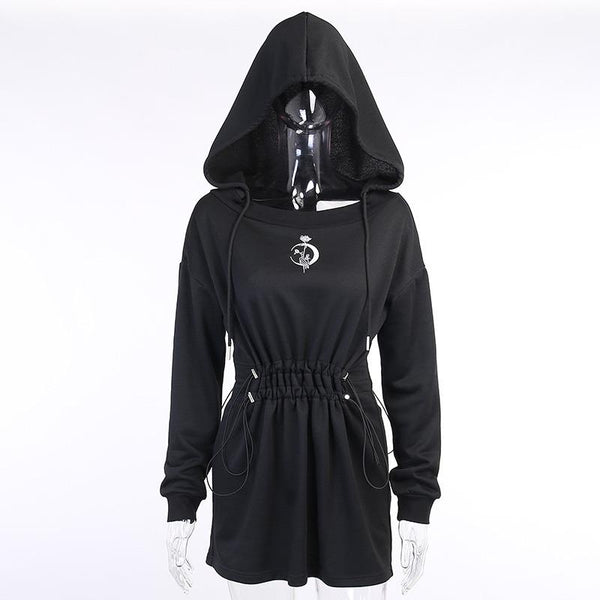 Harajuku Gothic Black Dress Streetwear / Long Sleeve Hooded High-Waist Dress with Rose Print