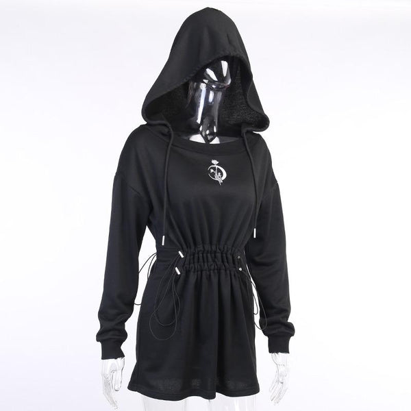 Harajuku Gothic Black Dress Streetwear / Long Sleeve Hooded High-Waist Dress with Rose Print