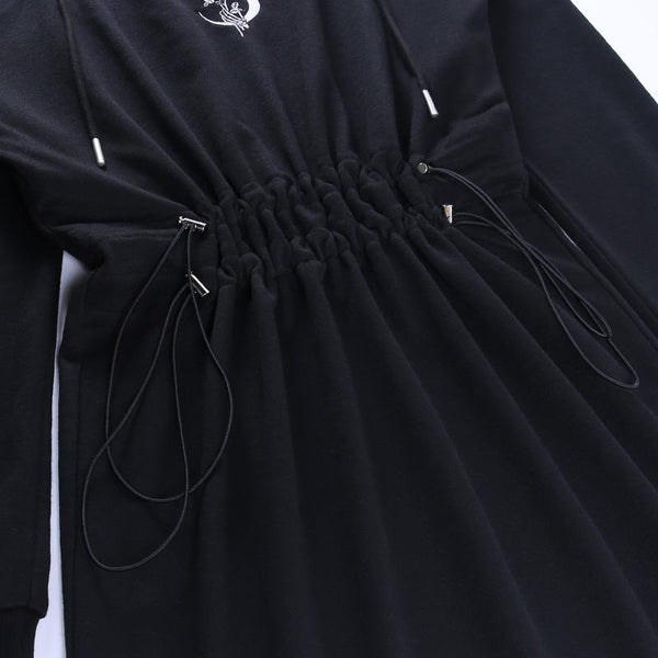 Harajuku Gothic Black Dress Streetwear / Long Sleeve Hooded High-Waist Dress with Rose Print