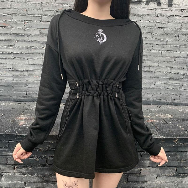 Harajuku Gothic Black Dress Streetwear / Long Sleeve Hooded High-Waist Dress with Rose Print