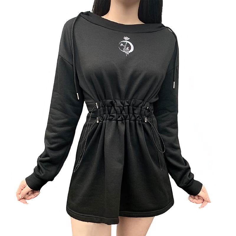 Harajuku Gothic Black Dress Streetwear / Long Sleeve Hooded High-Waist Dress with Rose Print