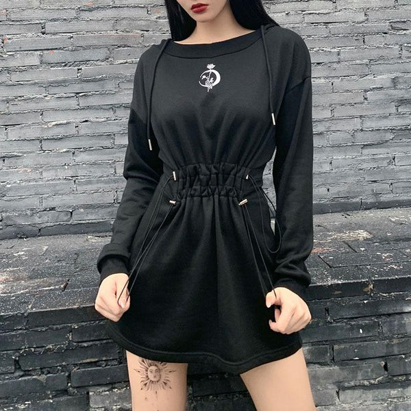 Harajuku Gothic Black Dress Streetwear / Long Sleeve Hooded High-Waist Dress with Rose Print