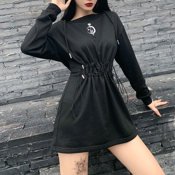 Harajuku Gothic Black Dress Streetwear / Long Sleeve Hooded High-Waist Dress with Rose Print