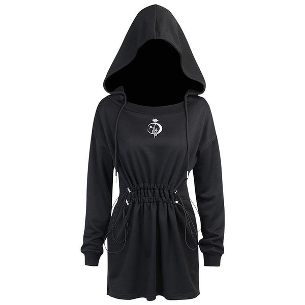 Harajuku Gothic Black Dress Streetwear / Long Sleeve Hooded High-Waist Dress with Rose Print