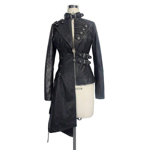 Heavy Metal Asymmetrical Faux Leather Jackets For Rock Women / Steampunk Long Coat with Buckles