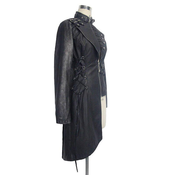 Heavy Metal Asymmetrical Faux Leather Jackets For Rock Women / Steampunk Long Coat with Buckles