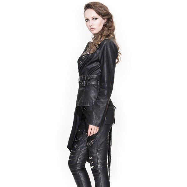 Heavy Metal Asymmetrical Faux Leather Jackets For Rock Women / Steampunk Long Coat with Buckles