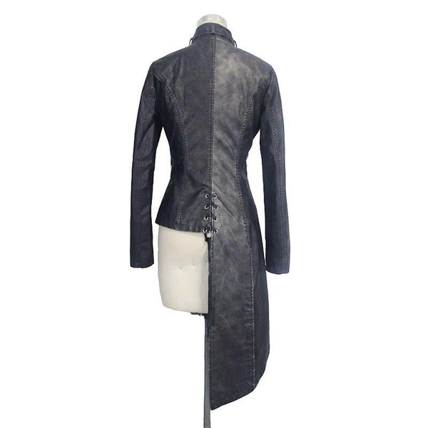 Heavy Metal Asymmetrical Faux Leather Jackets For Rock Women / Steampunk Long Coat with Buckles