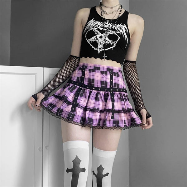 Purple Plaid Lace Mini Skirt