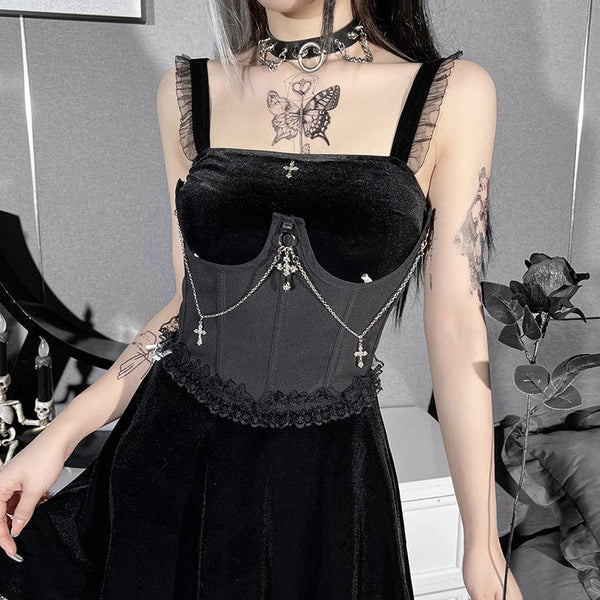 Women's Gothic Cross Lace Hem Underbust Corset