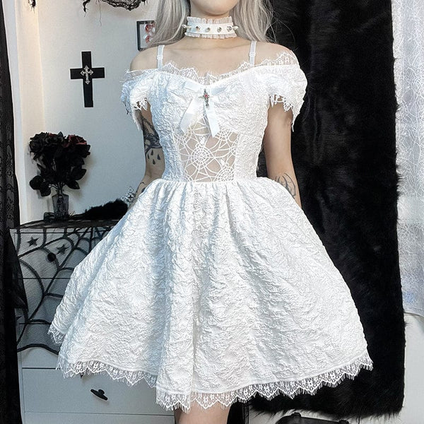 Women's Gothic Off Shoulder Floral Printed Lace Dress