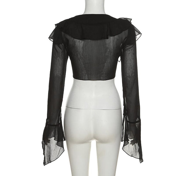 Women's Gothic Strappy Toned Horn Sleeved Mesh Crop Top