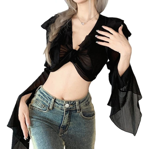 Women's Gothic Strappy Toned Horn Sleeved Mesh Crop Top