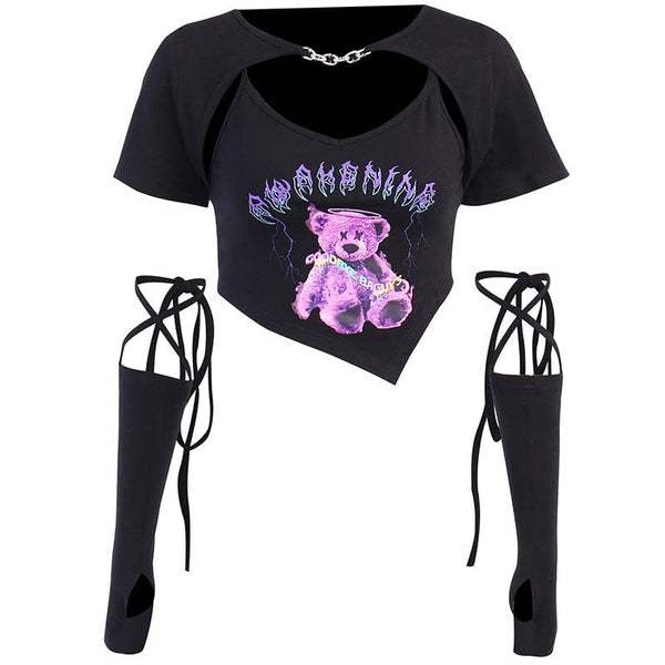 Women's Grunge Bear Printed Short Sleeved Crop Top With Arm Sleeves