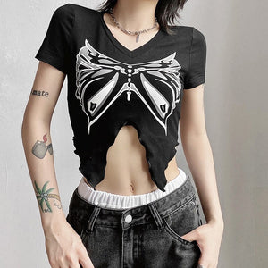 Women's Grunge Butterfly Printed Short Sleeved Crop Top