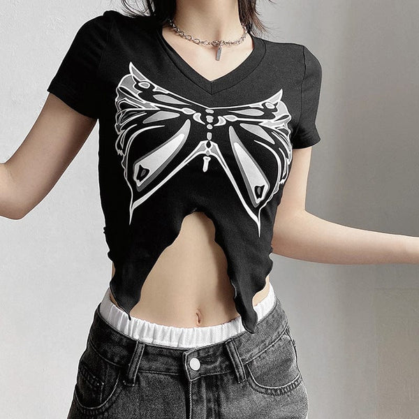 Women's Grunge Butterfly Printed Short Sleeved Crop Top