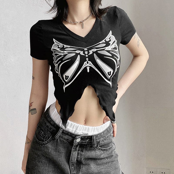 Women's Grunge Butterfly Printed Short Sleeved Crop Top