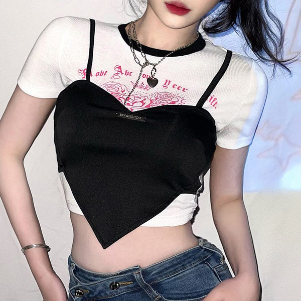 Women's Grunge Cartoon Printed Short Sleeved Crop Top