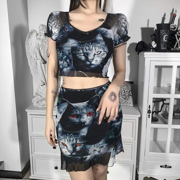 Women's Grunge Cat Printed Falbala Mesh Skirt