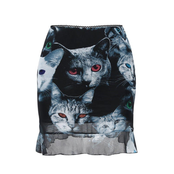 Women's Grunge Cat Printed Falbala Mesh Skirt