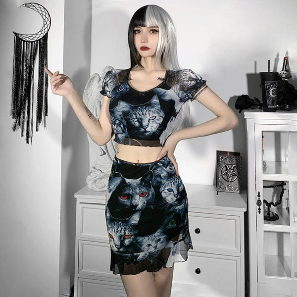 Women's Grunge Cat Printed Falbala Mesh Skirt