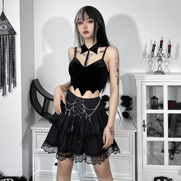 Women's Grunge High-waisted Double-layer Lace Skirt with Cross Chain