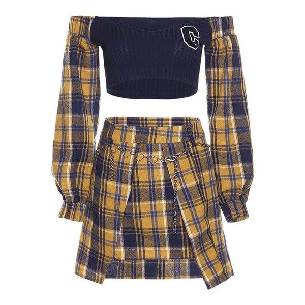 Women's Grunge Plaid Splice Crop Top with Plaid Skirt