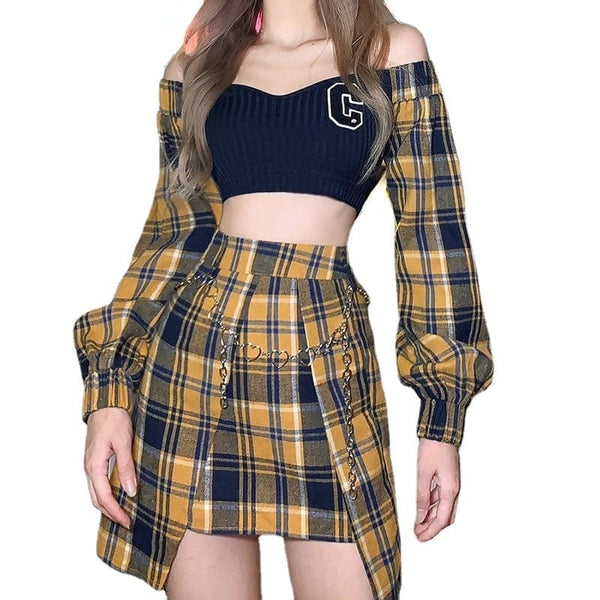 Women's Grunge Plaid Splice Crop Top with Plaid Skirt