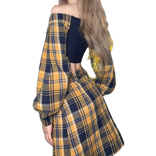 Women's Grunge Plaid Splice Crop Top with Plaid Skirt